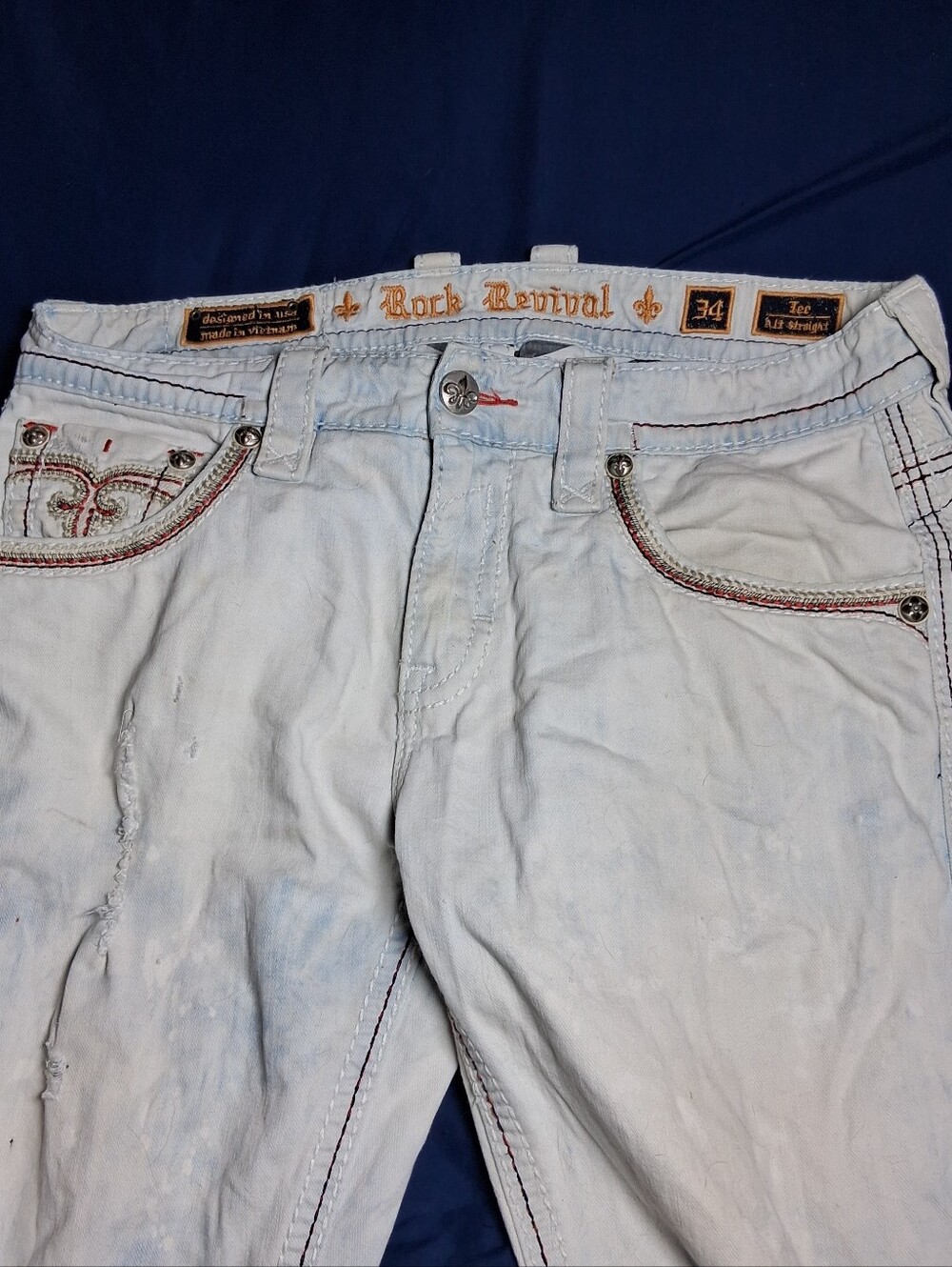 Men's Rock Revival Alternative Straight Jeans –Size 34/34 Distressed Acid Wash - Picture 4 of 11